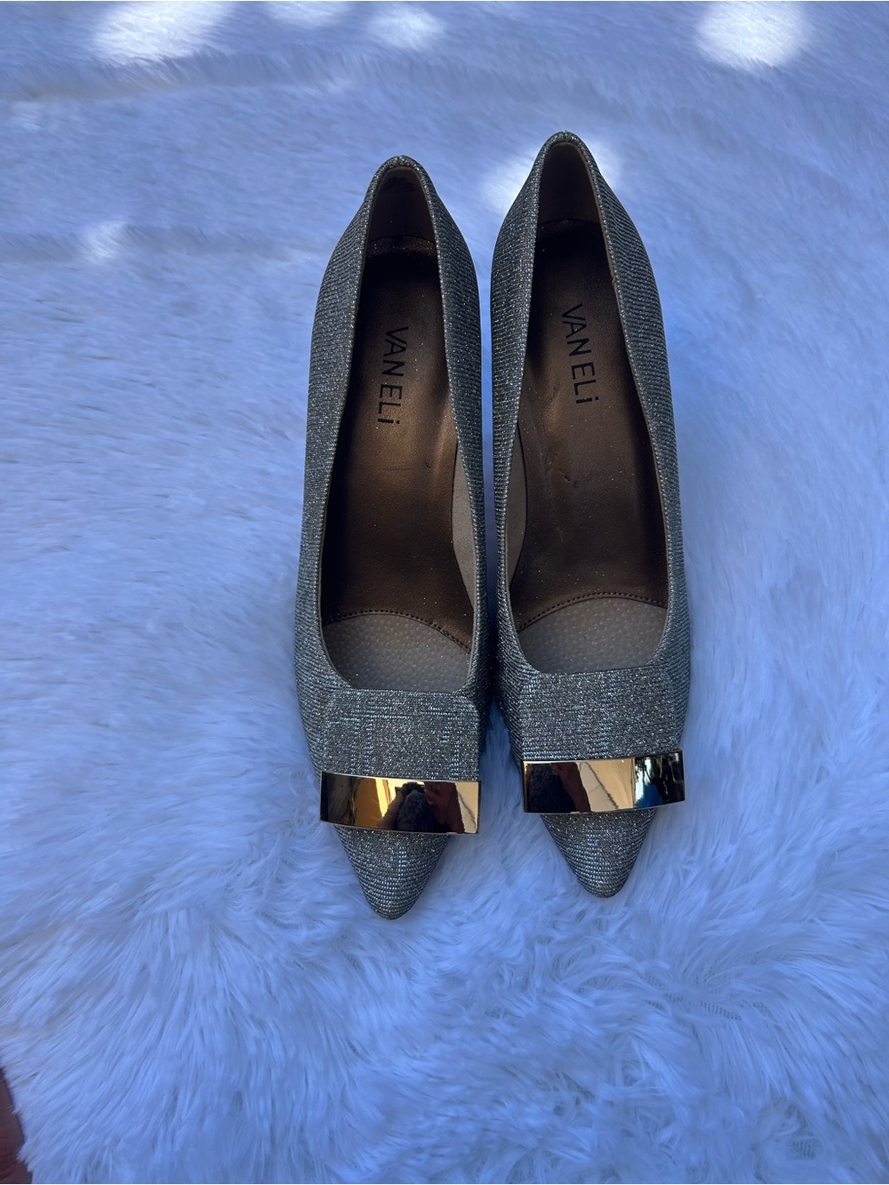 Vaneli Silver Pointed Toe Heels with Gold Bar size 8.5M
